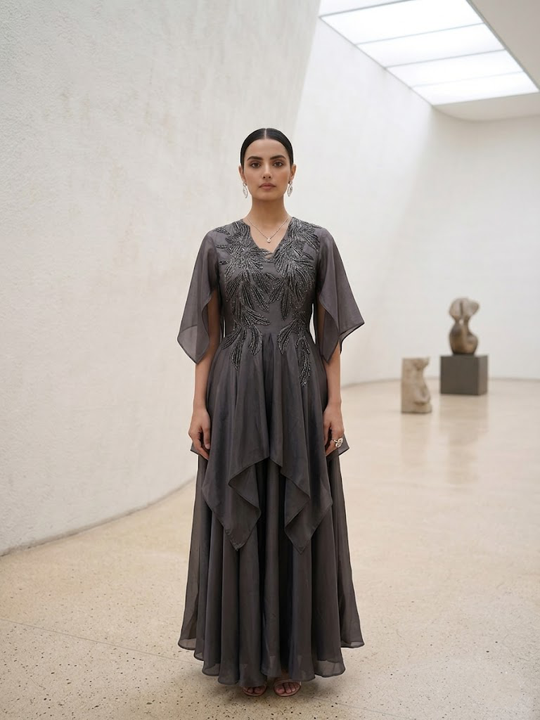STYLISH GREY DRESS WITH ELEGANT  EMBROIDERY ON THE FRONT.