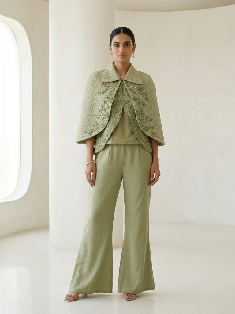 SAGE GREEN QUILTED EMBROIDERED JACKET WITH INNER & PANTS.