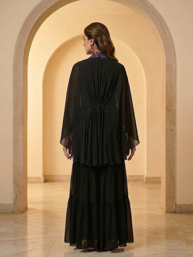 ELEGANT BLACK CAPE TOP WITH FLARED PALAZZO PANTS.