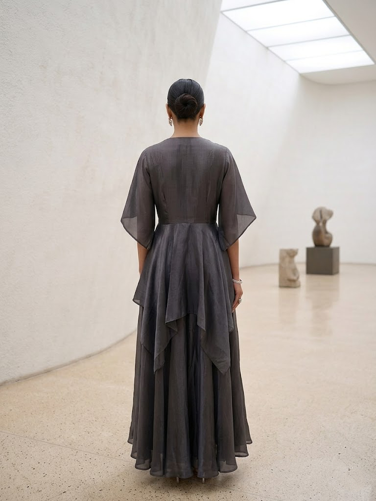 STYLISH GREY DRESS WITH ELEGANT  EMBROIDERY ON THE FRONT.
