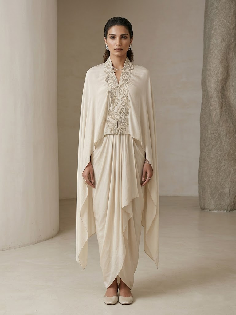 OFF WHITE EMBELLISHED CAPE WITH DRAPED SKIRT.