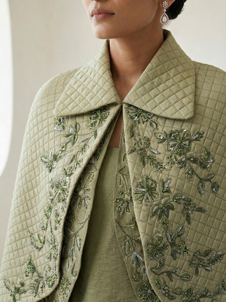 SAGE GREEN QUILTED EMBROIDERED JACKET WITH INNER & PANTS.