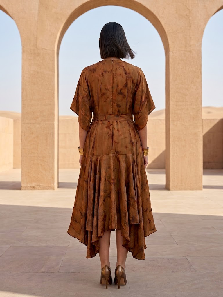 STYLISH BROWN DRESS WITH ELEGANT WIRE EMBROIDERY ON THE FRONT.