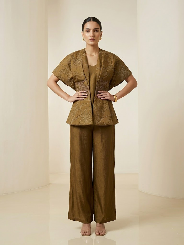QUILTED EMBROIDERED JACKET WITH INNER & PANTS SET.