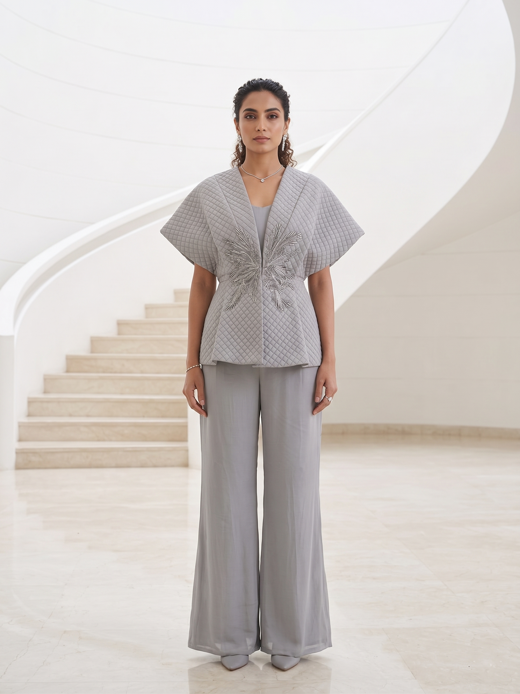 GREY QUILTED EMBROIDERED JACKET WITH INNER & PANTS SET.