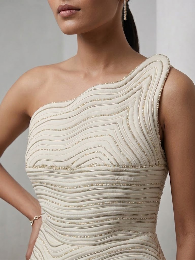 IVORY ONE-SHOULDER TEXTURED CO-ORD SET WITH FLARED PANTS.