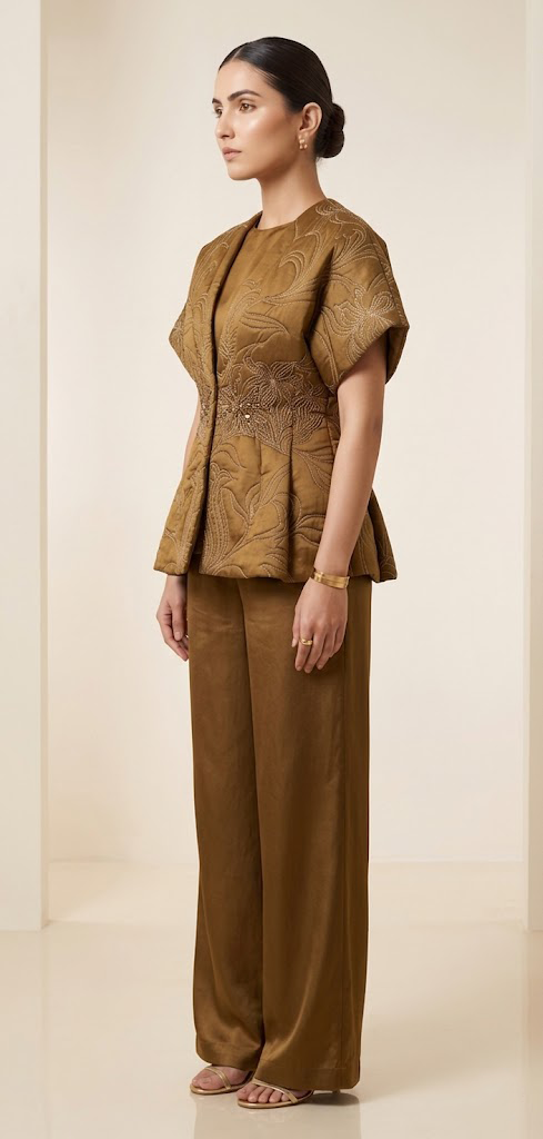 QUILTED EMBROIDERED JACKET WITH INNER & PANTS SET.