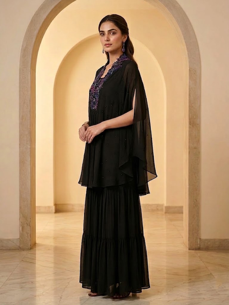 ELEGANT BLACK CAPE TOP WITH FLARED PALAZZO PANTS.