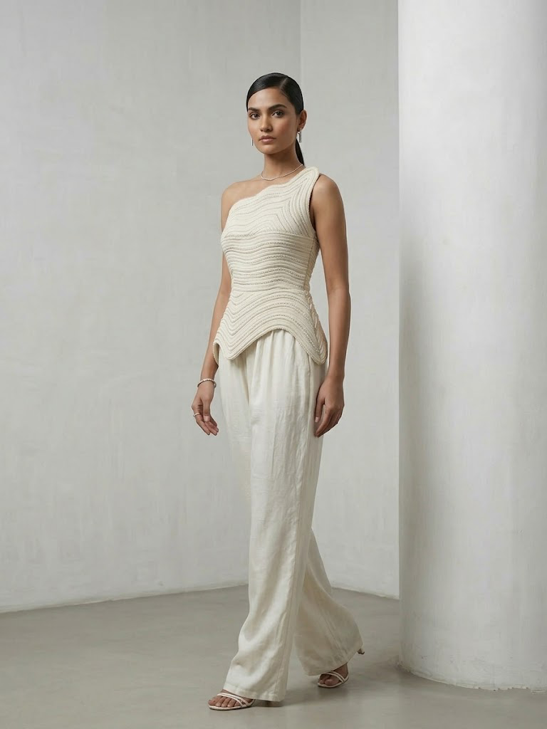 IVORY ONE-SHOULDER TEXTURED CO-ORD SET WITH FLARED PANTS.