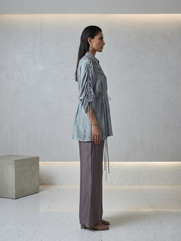 DUSTY GREY EMBROIDERED SHIRT FLARED PANTS SET.