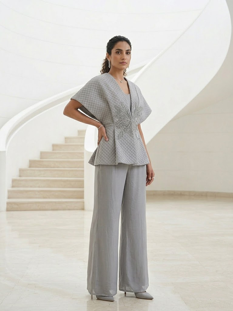GREY QUILTED EMBROIDERED JACKET WITH INNER & PANTS SET.