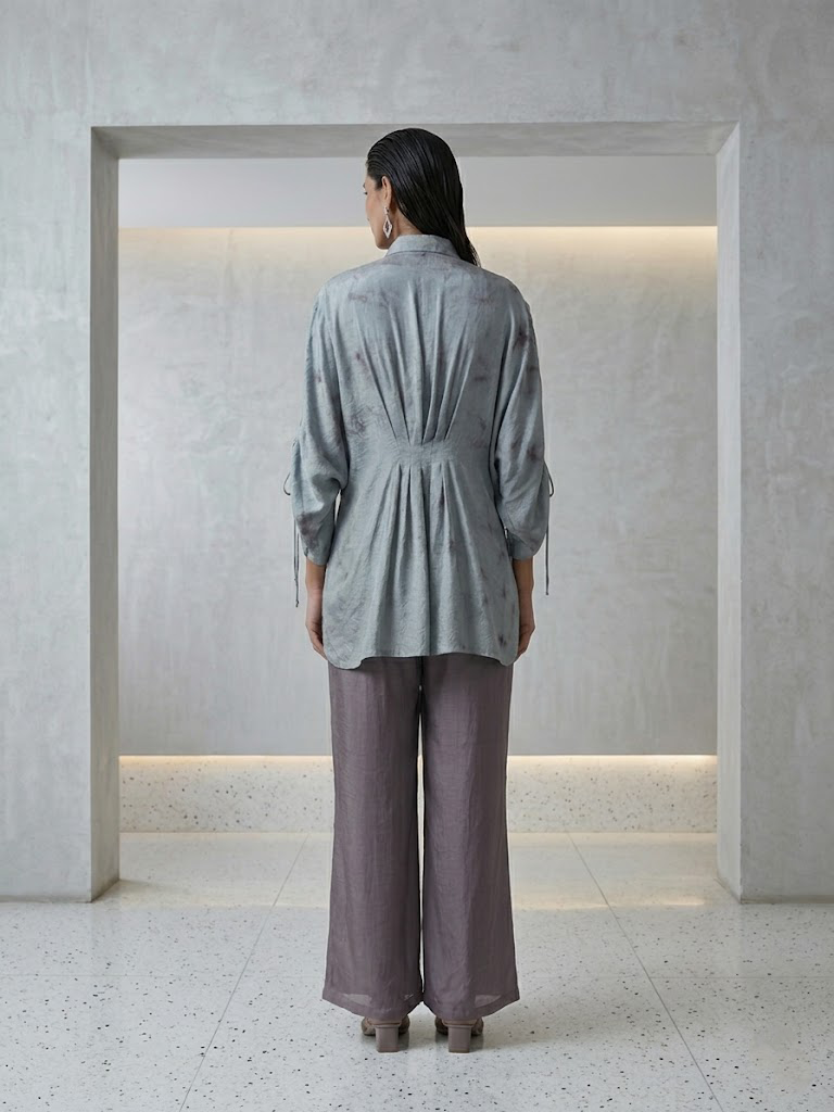 DUSTY GREY EMBROIDERED SHIRT FLARED PANTS SET.