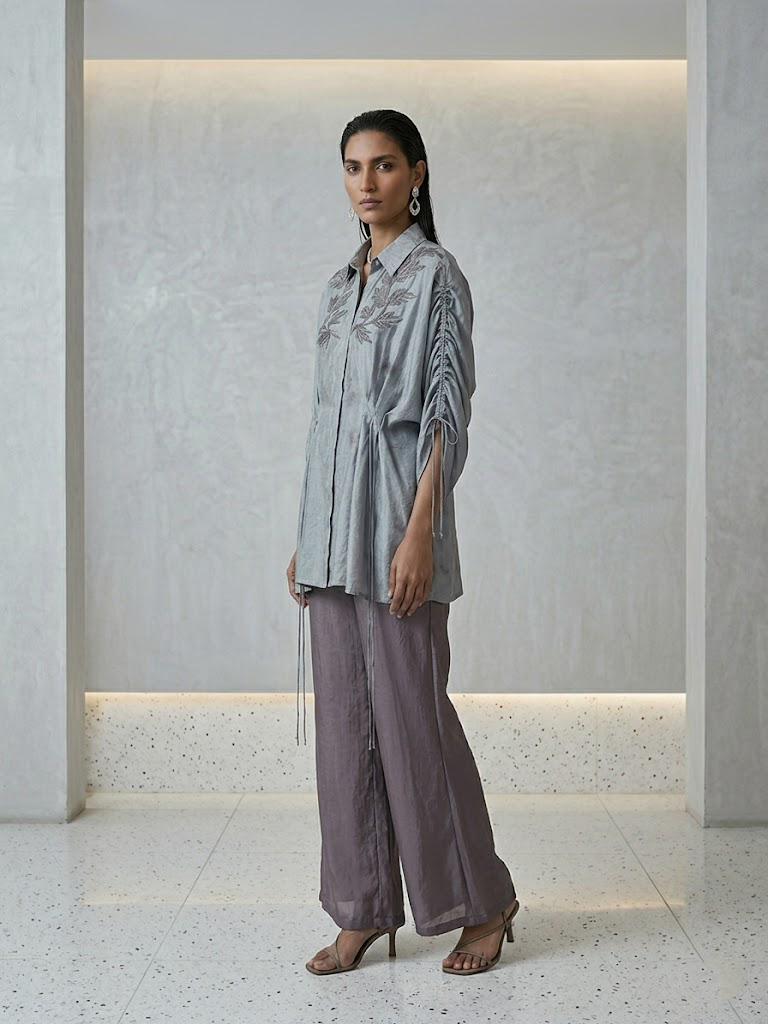 DUSTY GREY EMBROIDERED SHIRT FLARED PANTS SET.