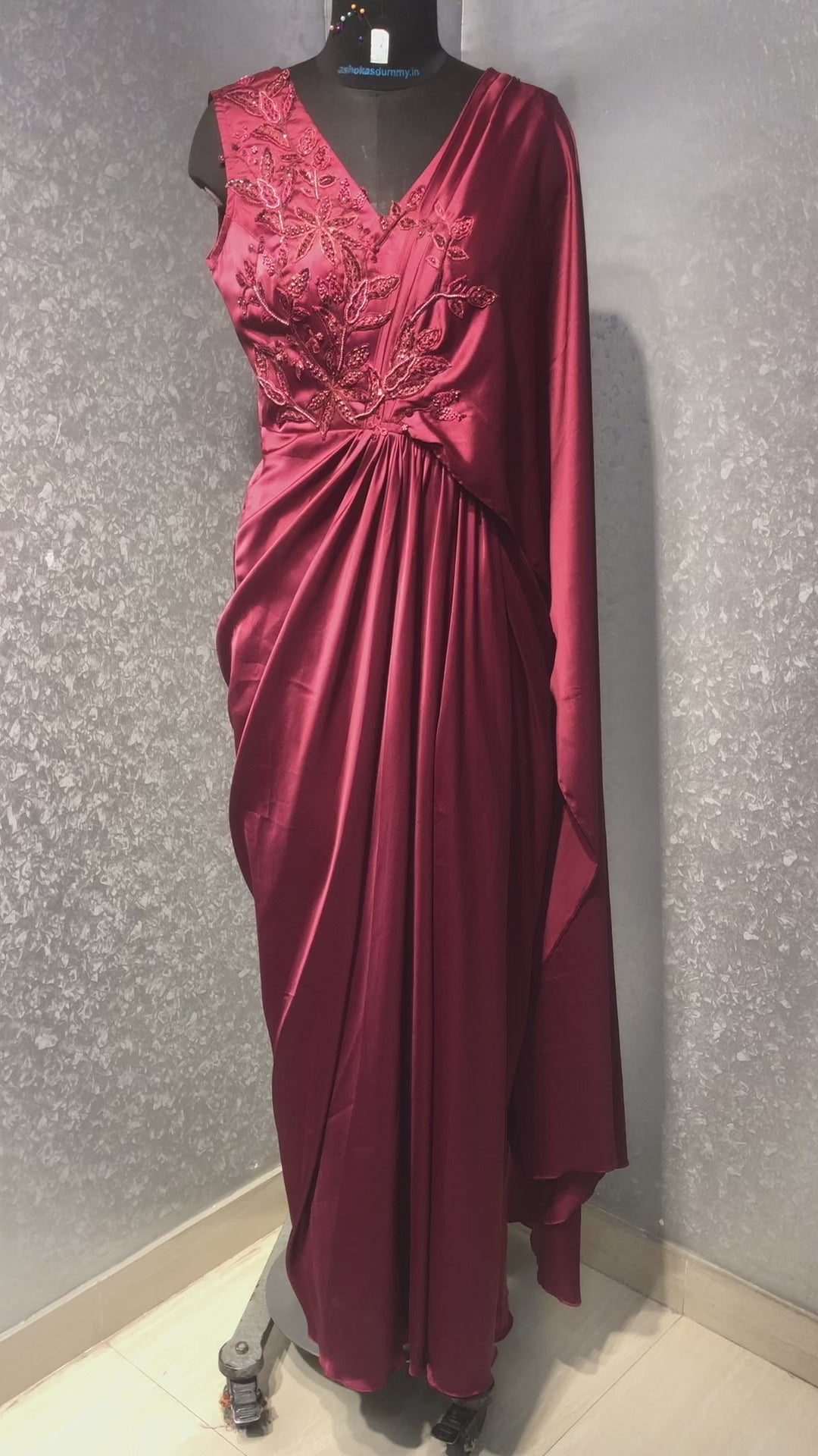 MAROON EMBROIDERED SATIN DRAPED SAREE