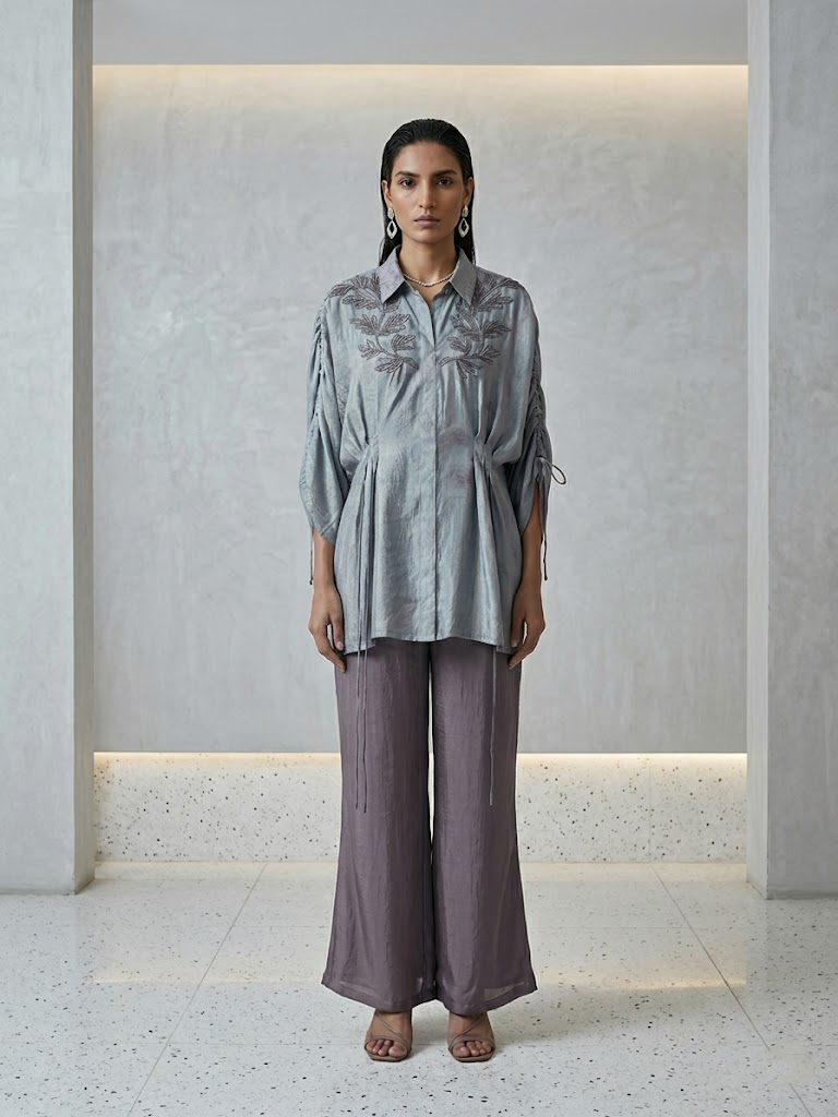 DUSTY GREY EMBROIDERED SHIRT FLARED PANTS SET.