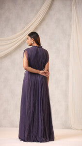 Dark Grey Georgette Sequins Embellished Gathered Gown