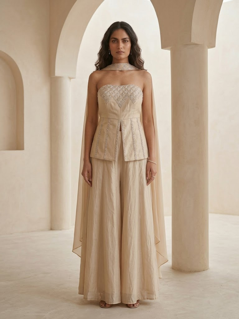 IVORY HAND - EMBELLISHED CORSET TOP WITH FLARED PALAZZO & DUPATTA.