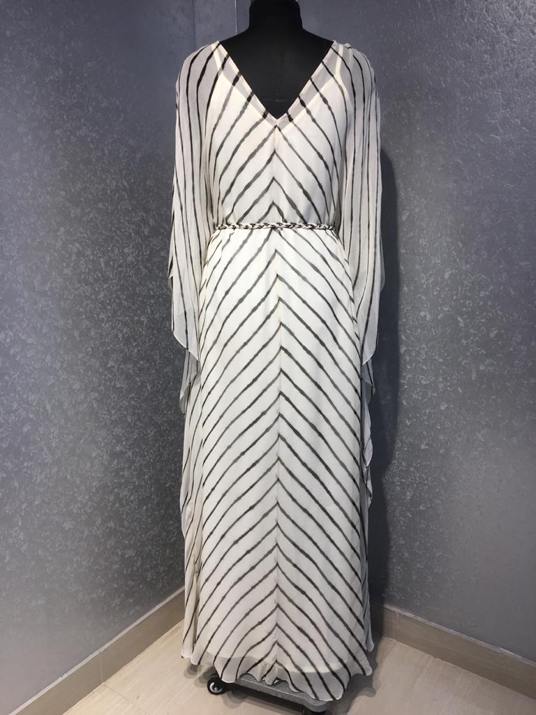 Off white and black Leheriya kaftan tunic with belt