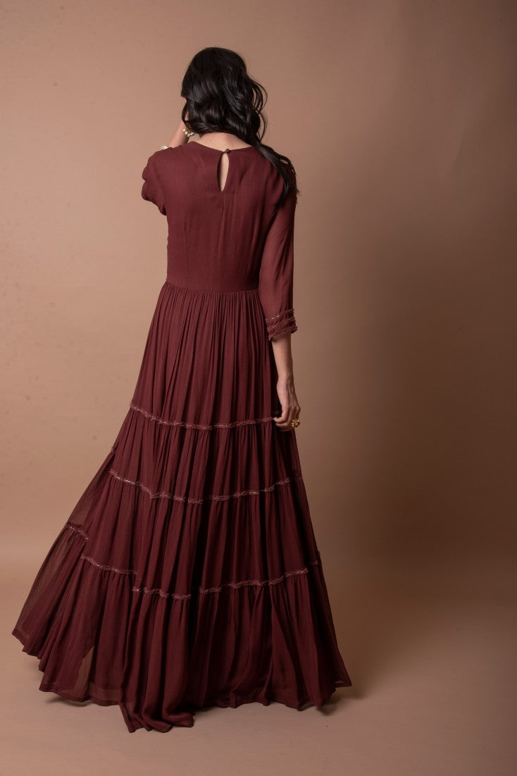 GEORGETTE ANARKALI WITH AN EMBROIDERED YOKE AND SOFT NET DUPATTA