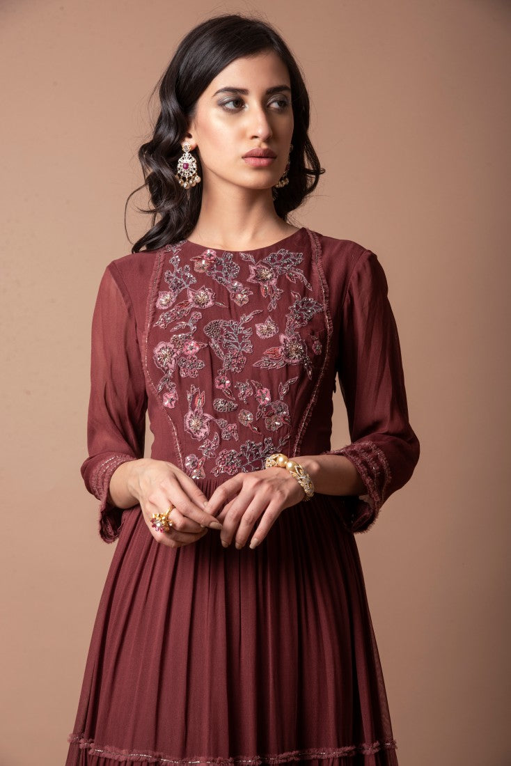 GEORGETTE ANARKALI WITH AN EMBROIDERED YOKE AND SOFT NET DUPATTA