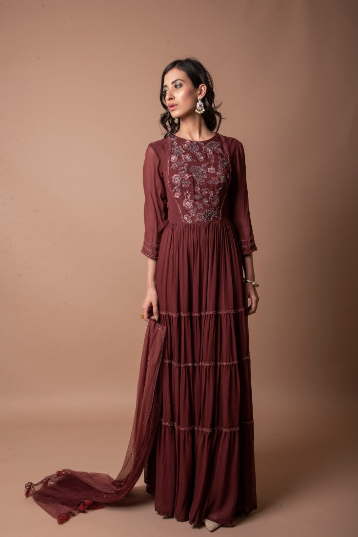 GEORGETTE ANARKALI WITH AN EMBROIDERED YOKE AND SOFT NET DUPATTA