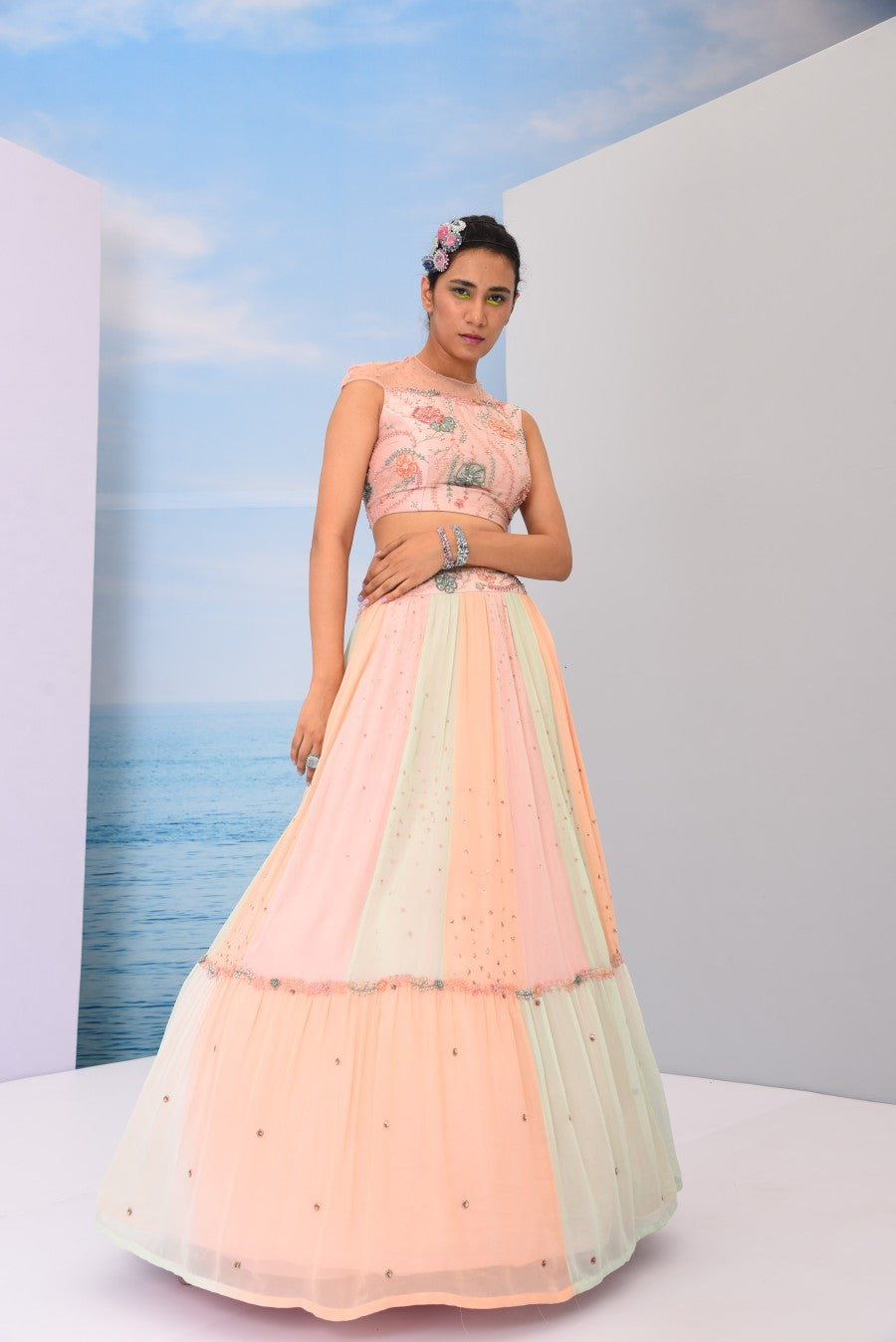 Multicolored single tier lehenga