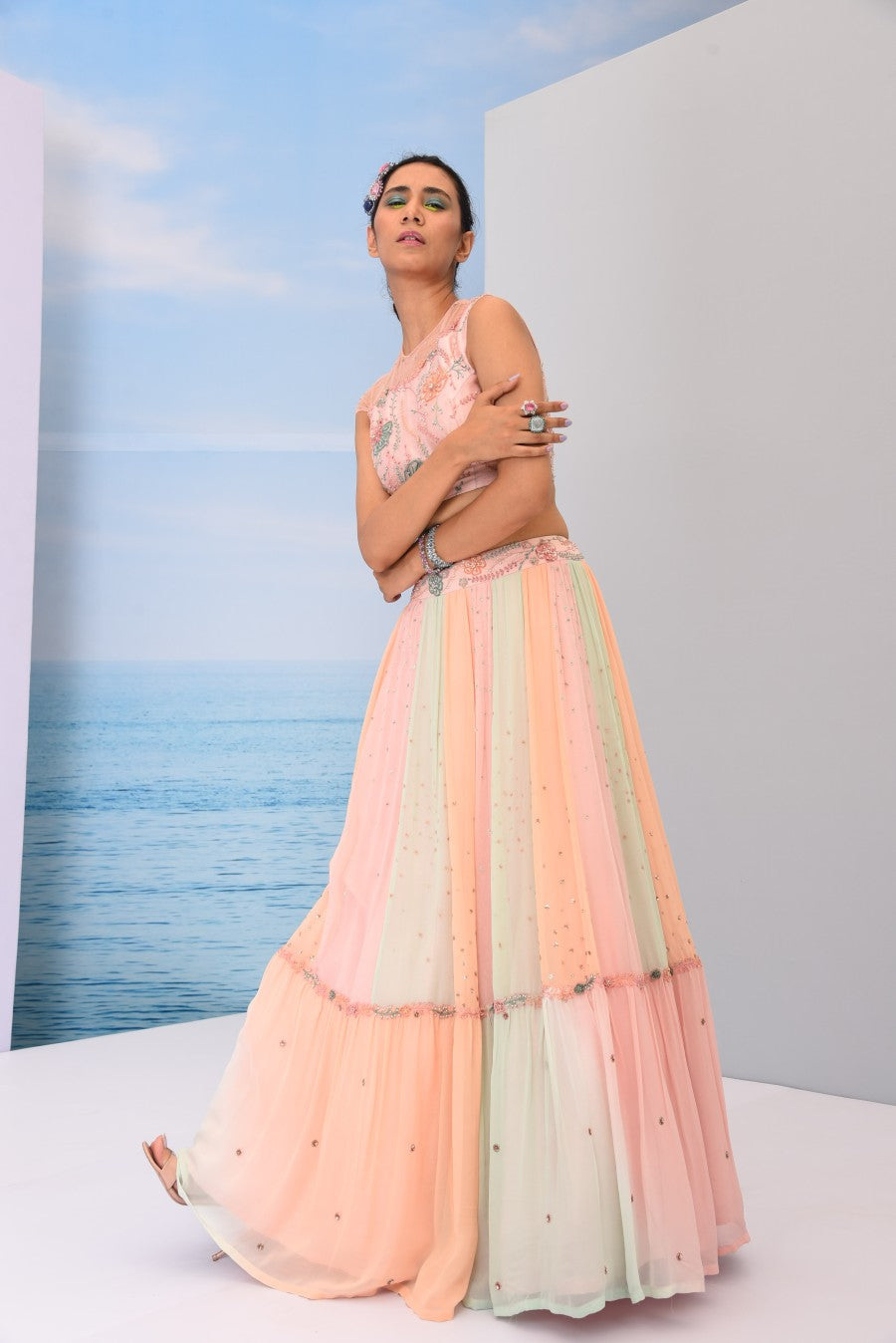 Multicolored single tier lehenga