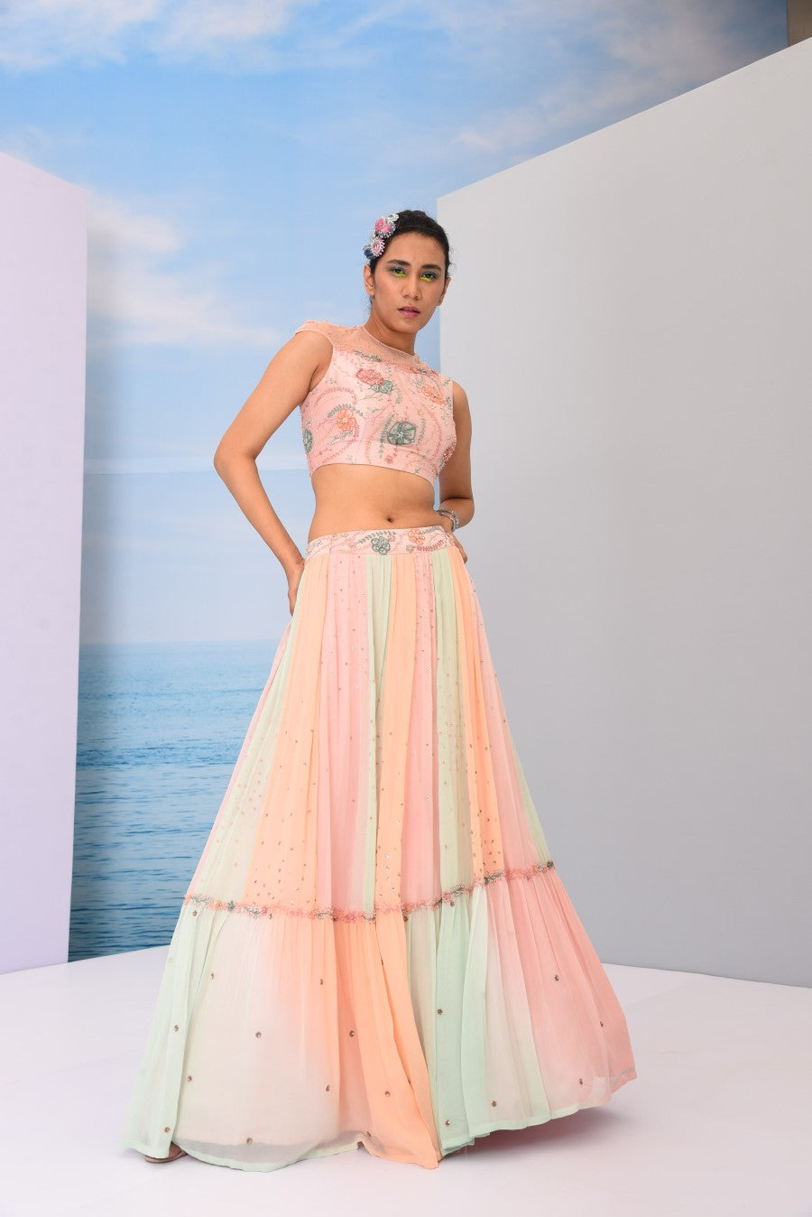 Multicolored single tier lehenga