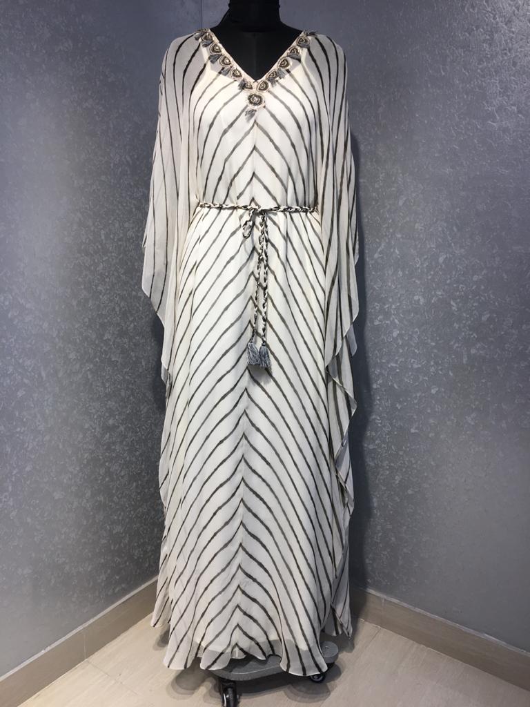 Off white and black Leheriya kaftan tunic with belt