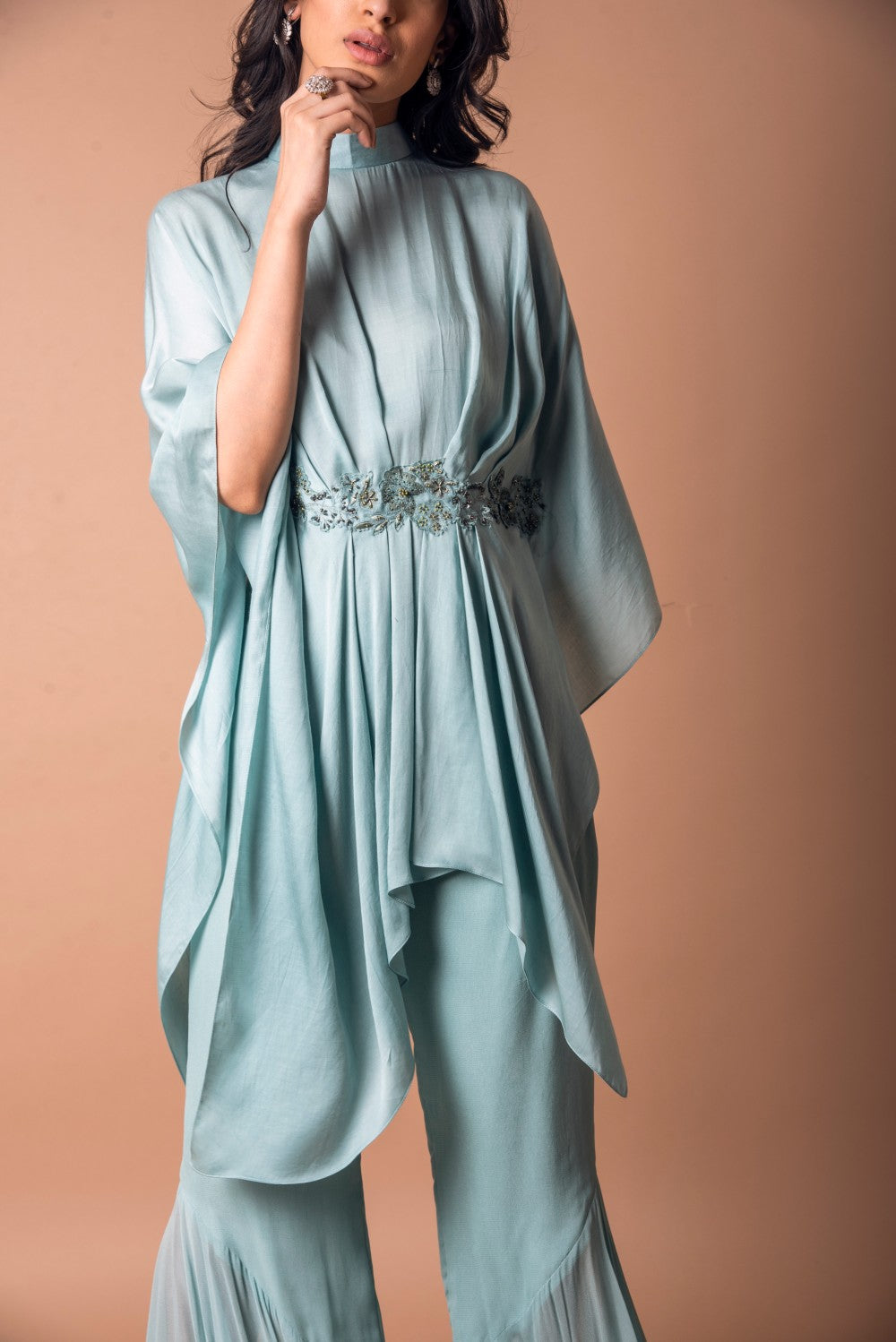 Drape asymmetric tunic with ruffle pants