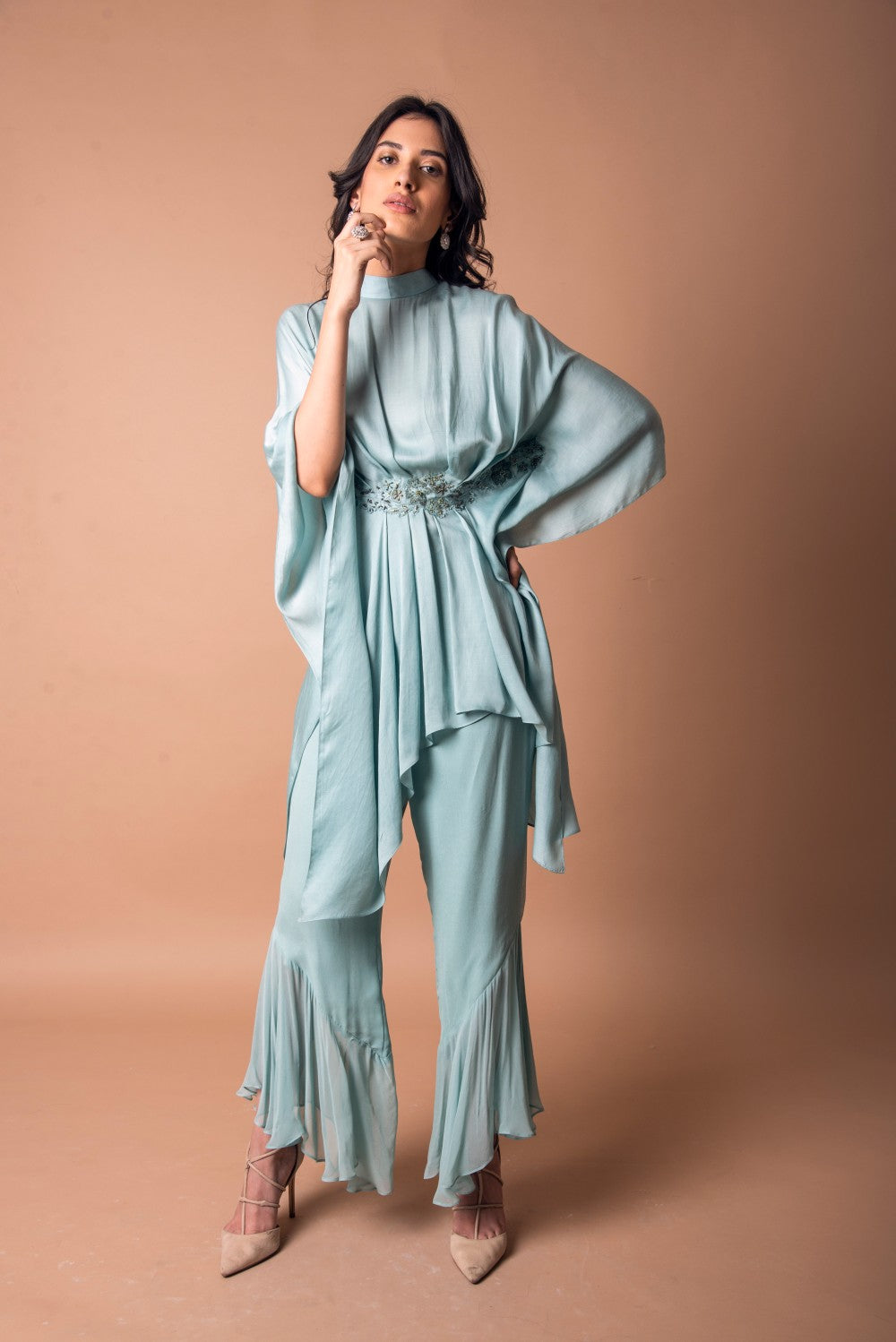 Drape asymmetric tunic with ruffle pants