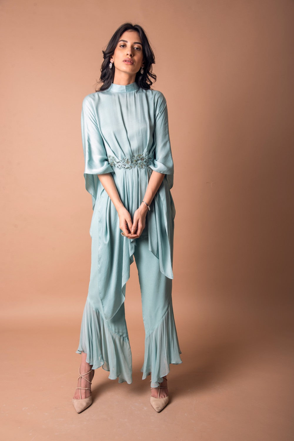 Drape asymmetric tunic with ruffle pants