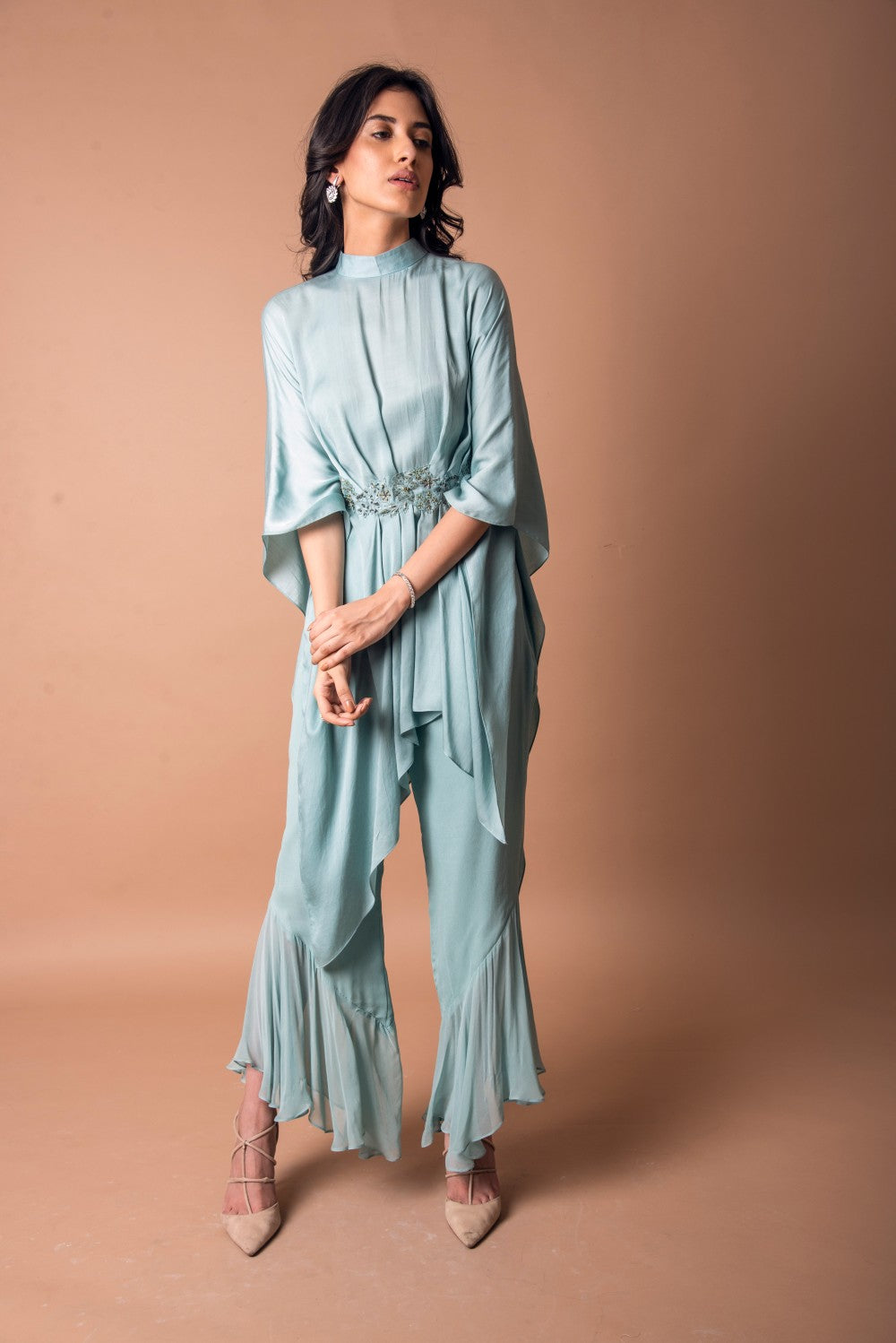Drape asymmetric tunic with ruffle pants
