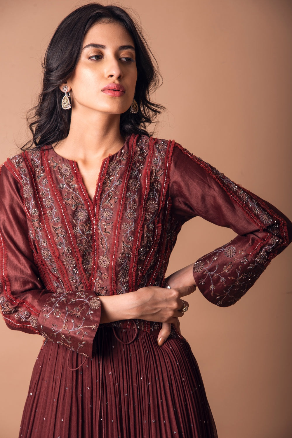 Frill Embroidered Gathered Gown