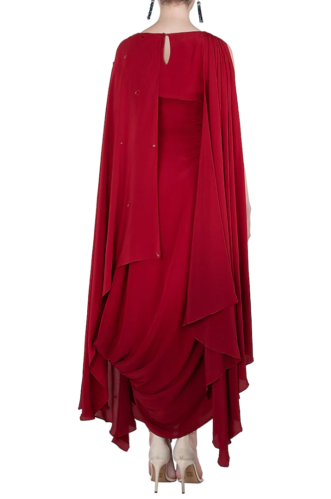 RED OMBRE COWL CONCEPT SAREE GOWN