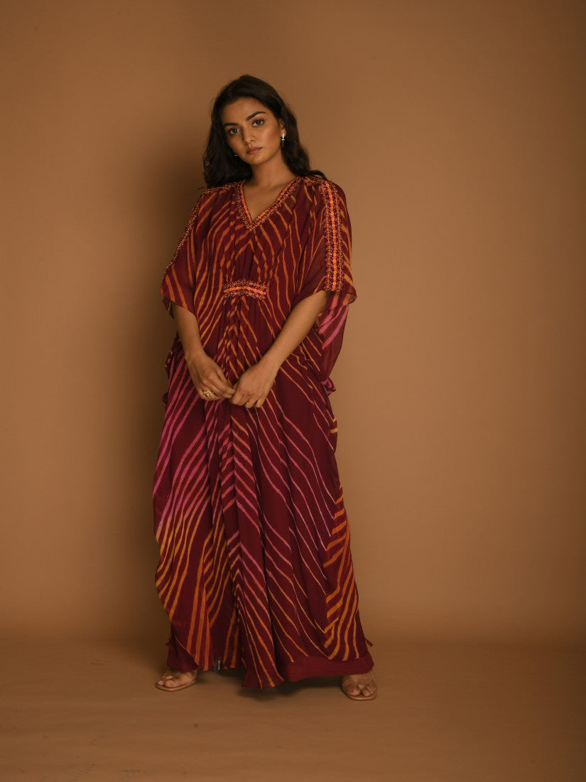 Wine leheriya long kaftan tunic