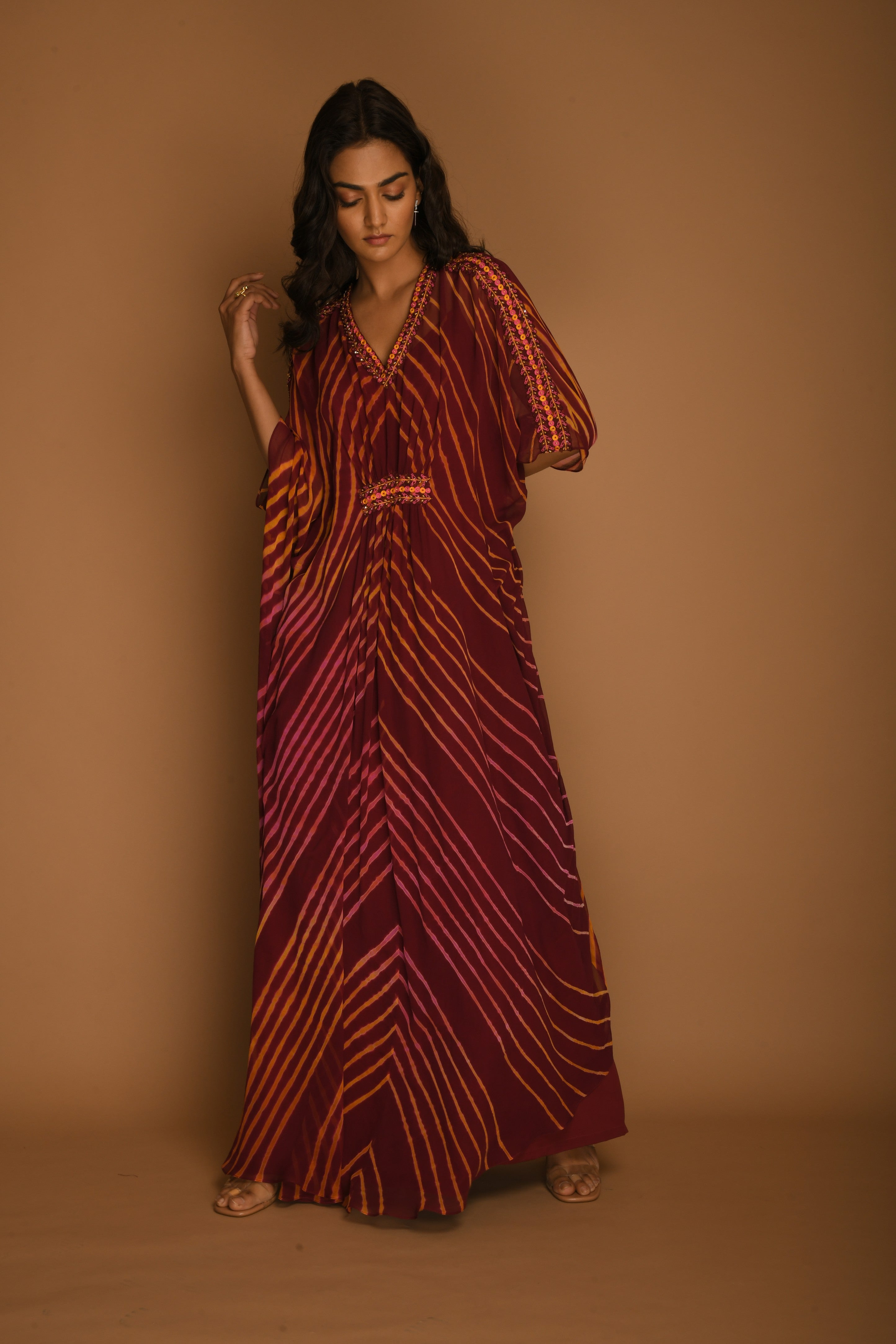 Wine leheriya long kaftan tunic