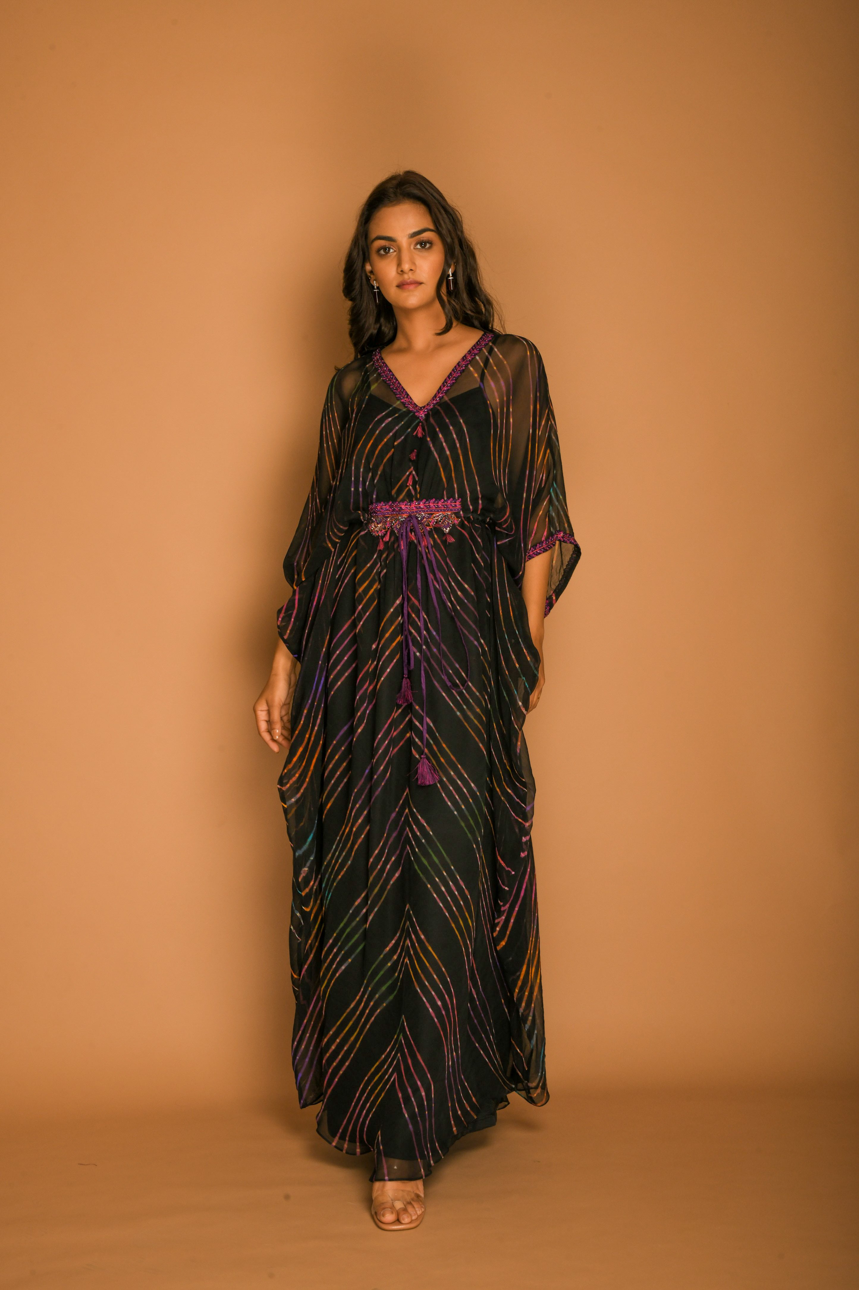 Black Kaftan Tunic Dress with Purple Leheriya