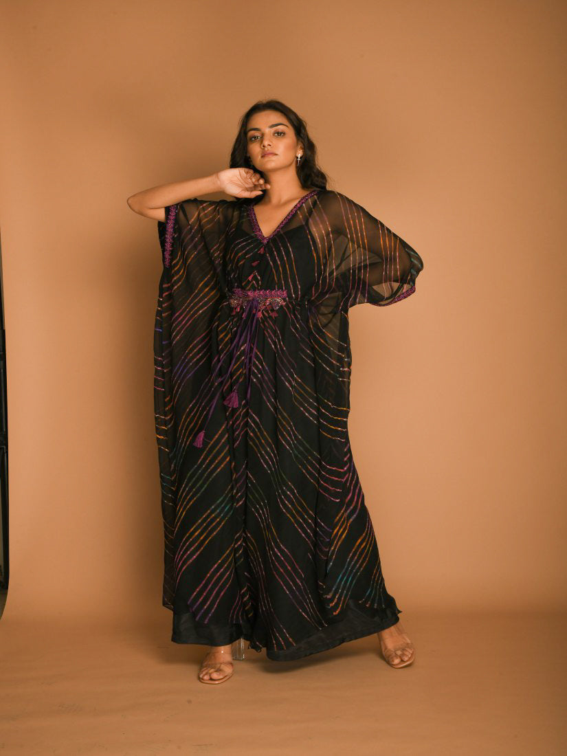 Black Kaftan Tunic Dress with Purple Leheriya