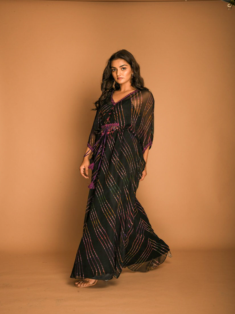 Black Kaftan Tunic Dress with Purple Leheriya