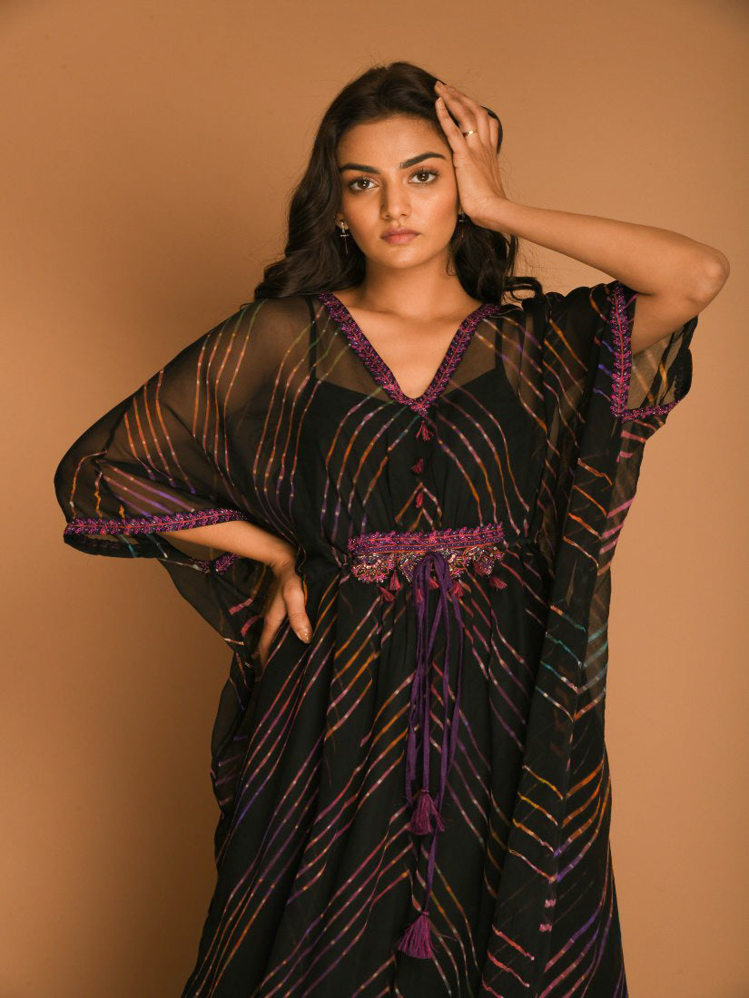 Black Kaftan Tunic Dress with Purple Leheriya