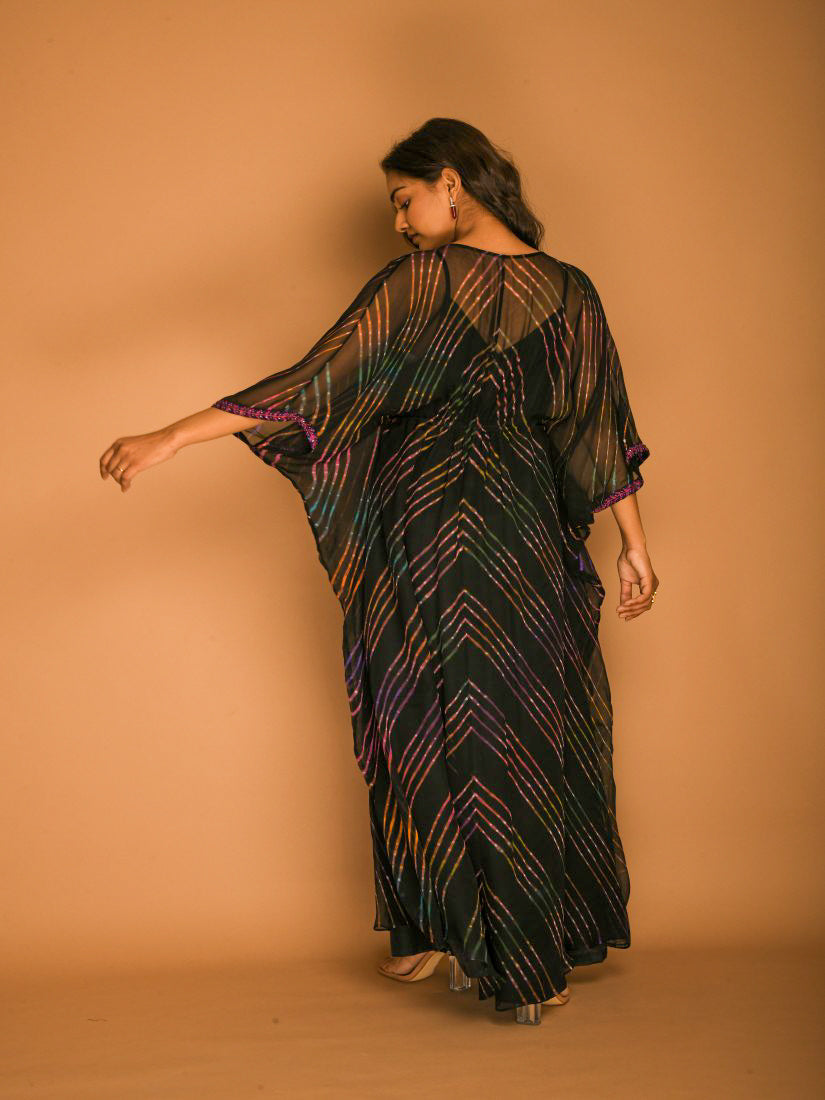 Black Kaftan Tunic Dress with Purple Leheriya