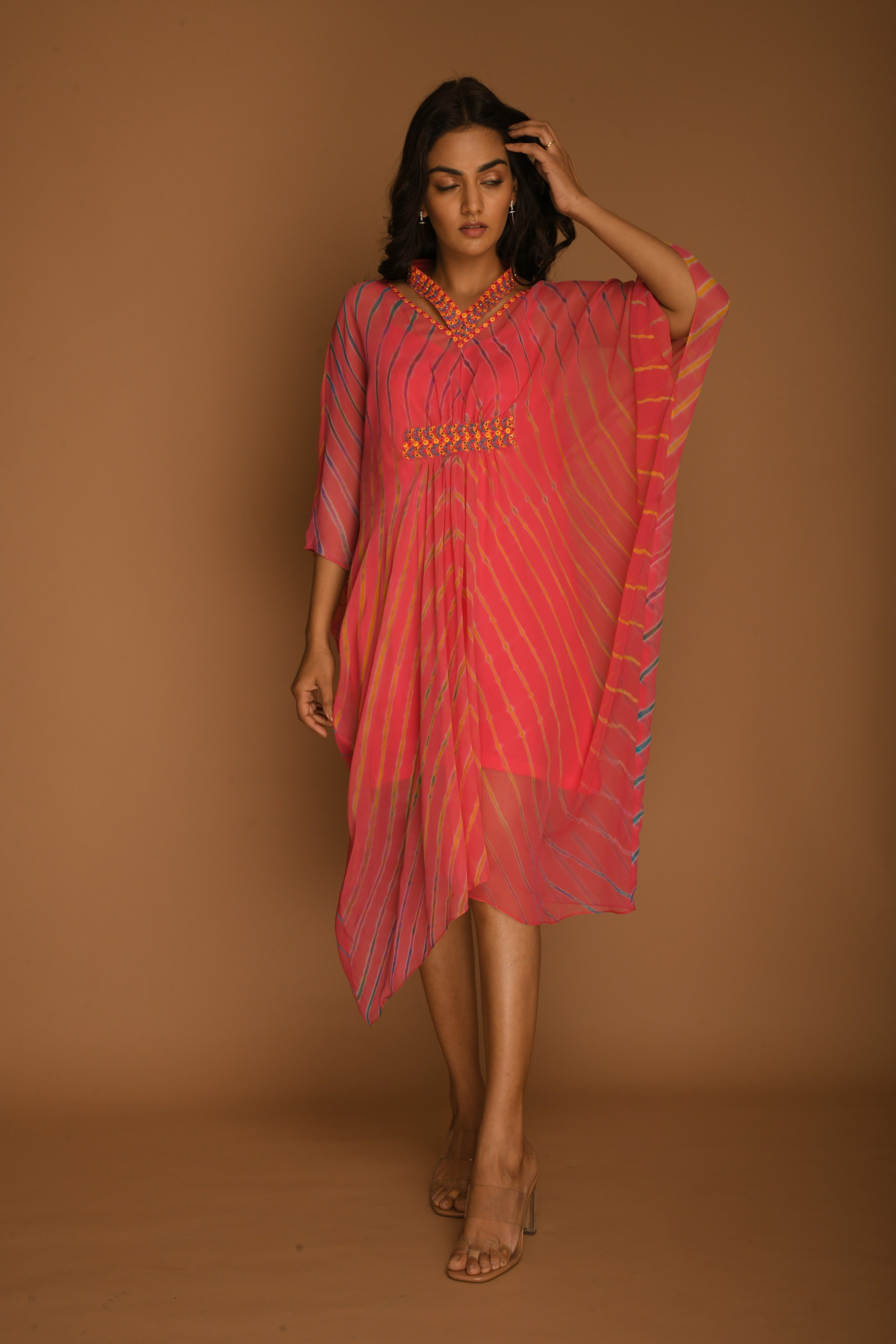 Pink Georgette Leheriya kaftan tunic top