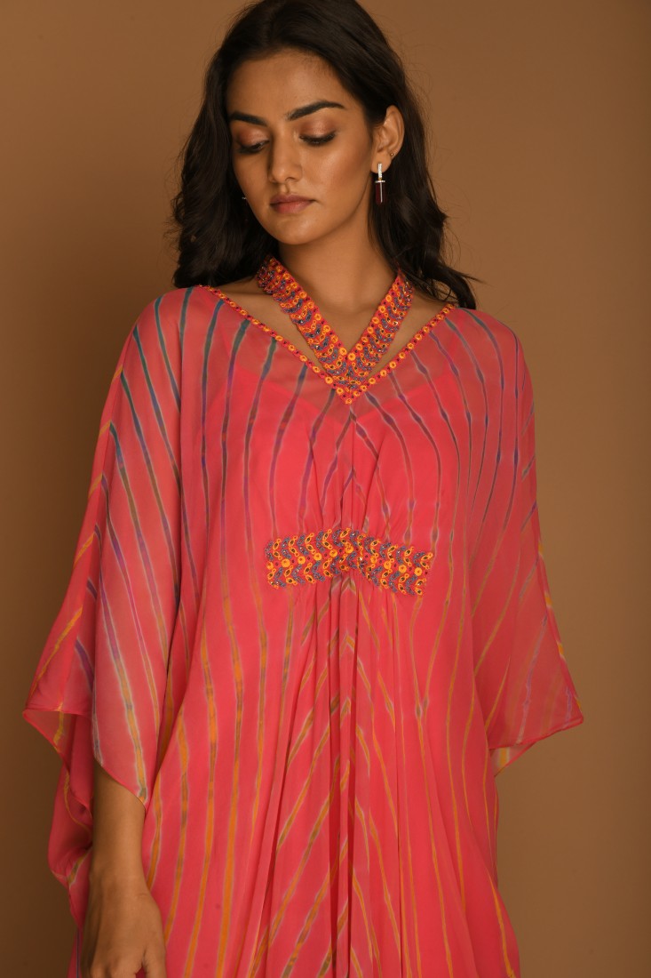 Pink Georgette Leheriya kaftan tunic top