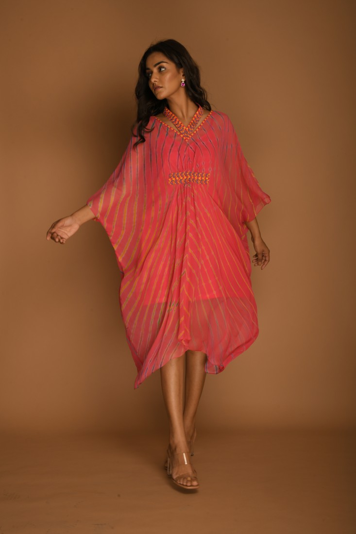 Pink Georgette Leheriya kaftan tunic top
