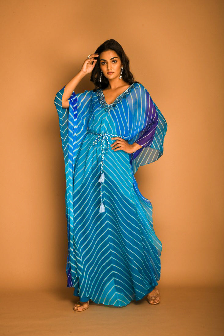 Sky Blue Georgette Leheriya Kaftan Tunic with Belt