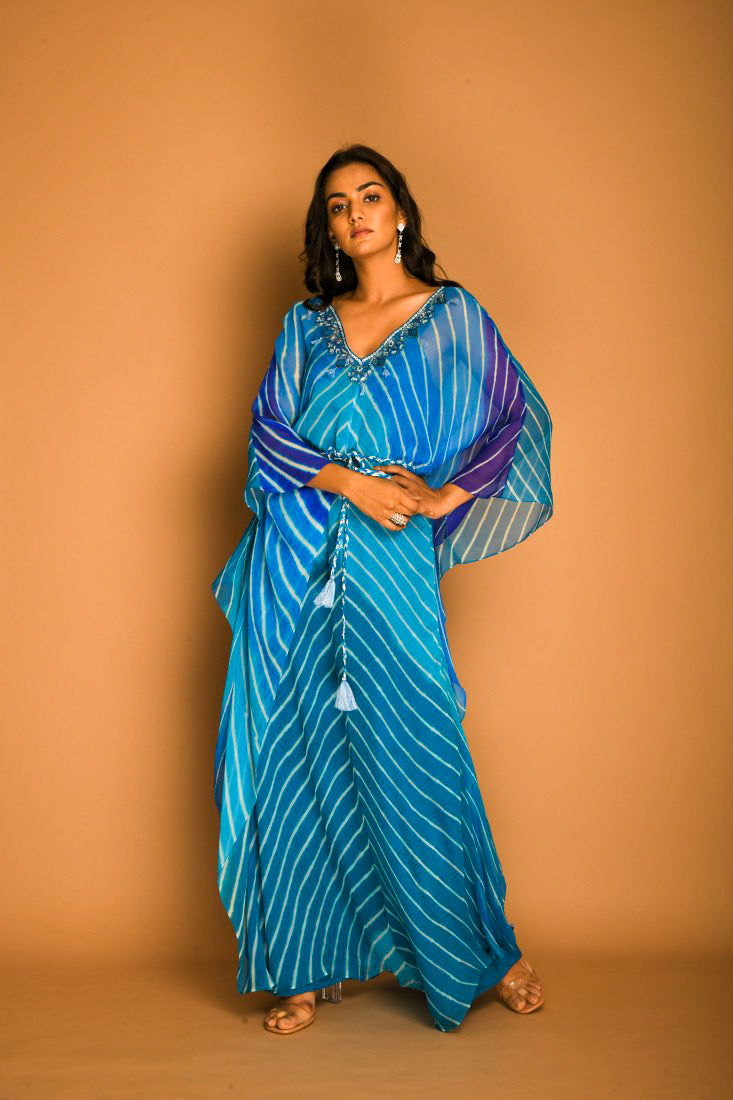 Sky Blue Georgette Leheriya Kaftan Tunic with Belt