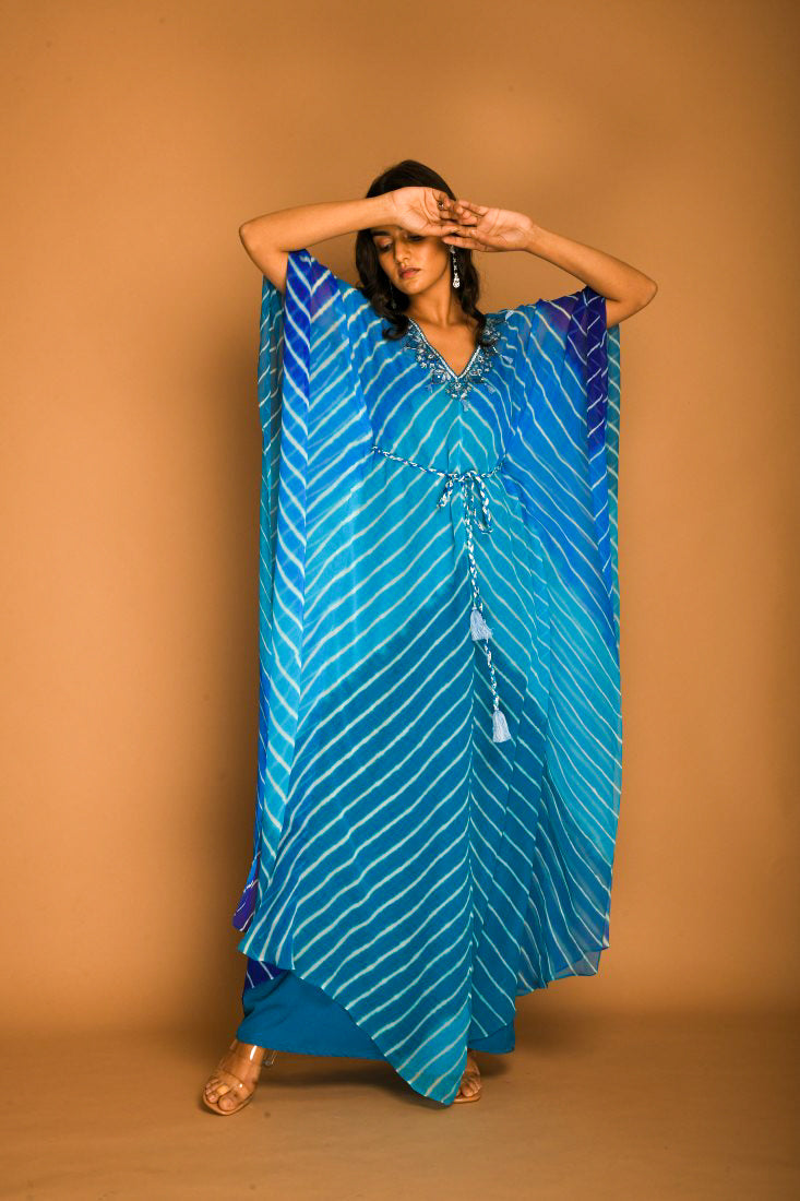 Sky Blue Georgette Leheriya Kaftan Tunic with Belt