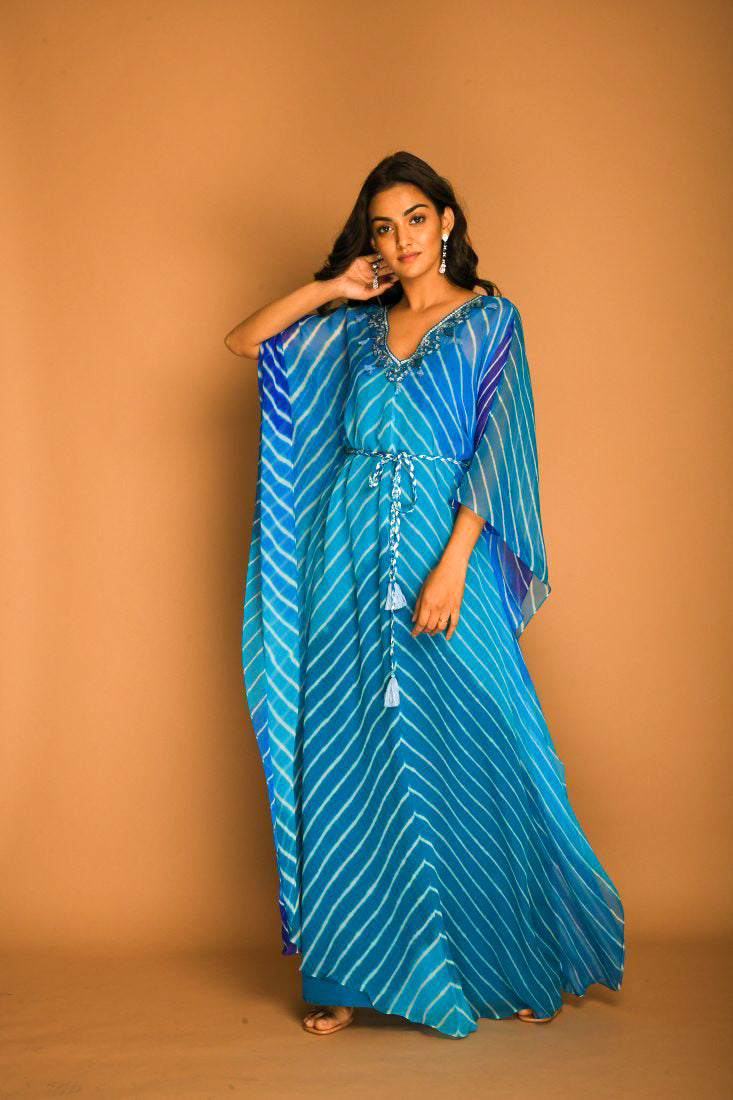 Sky Blue Georgette Leheriya Kaftan Tunic with Belt