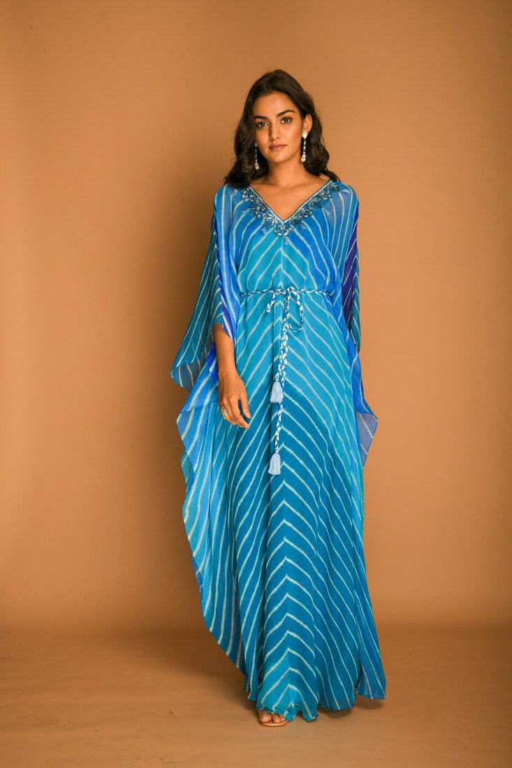 Sky Blue Georgette Leheriya Kaftan Tunic with Belt